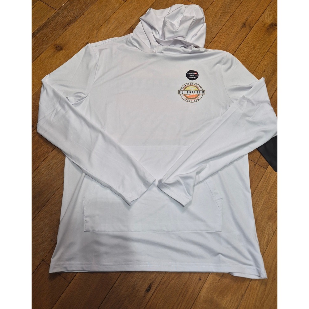 Quiksilver Mens White Hooded Rash Guard UPF 50 Quick Dry Swim Shirt Medium